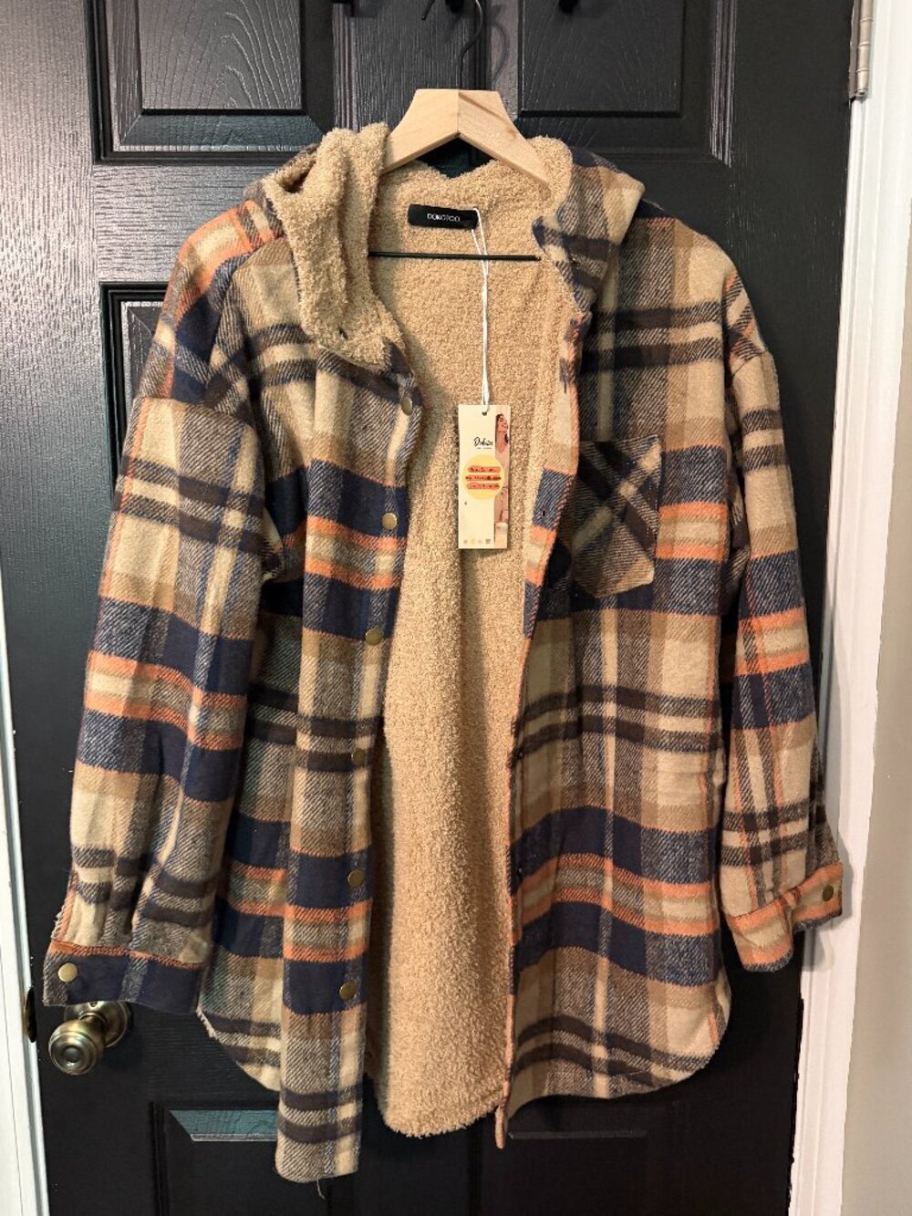 NWT Oversized Flannel Shirt Jacket Hoodie Tan Blue Navy Red Large